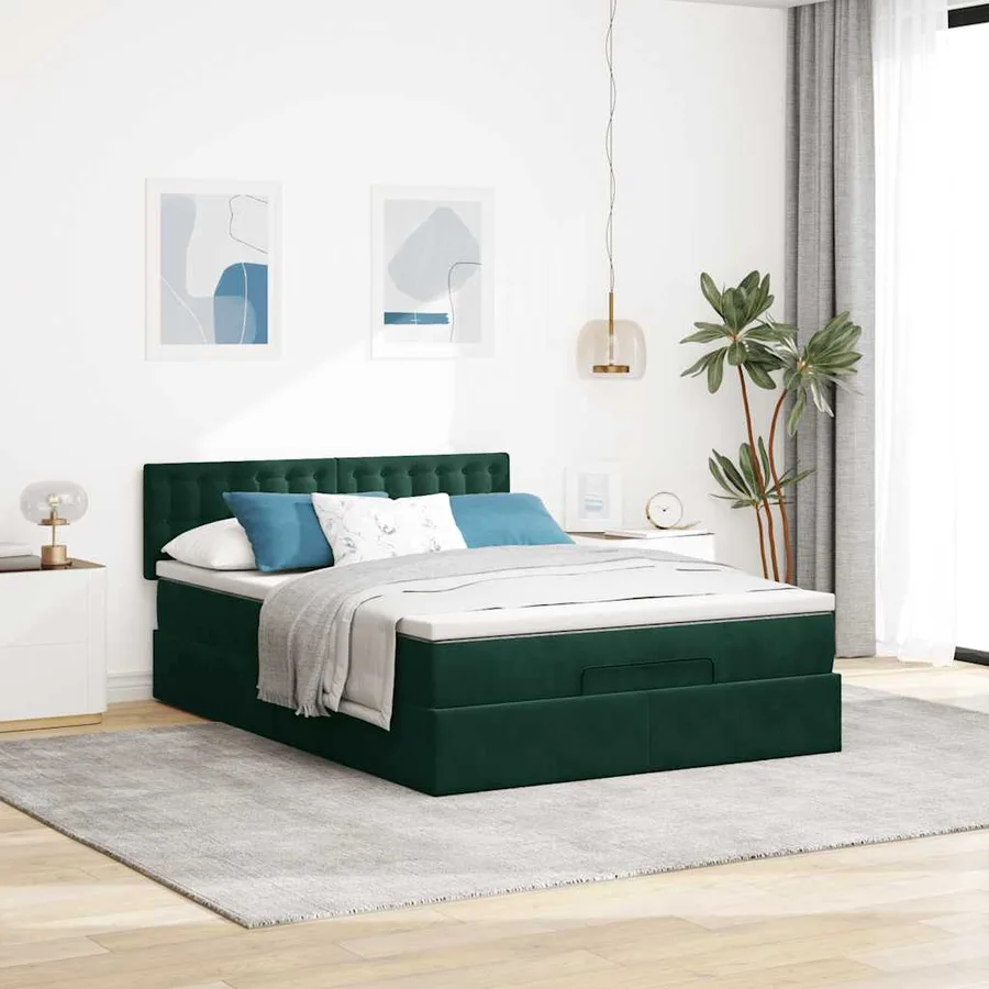 Cadre de lit ottoman avec matelas vert foncé 140x190 cm velours - 4