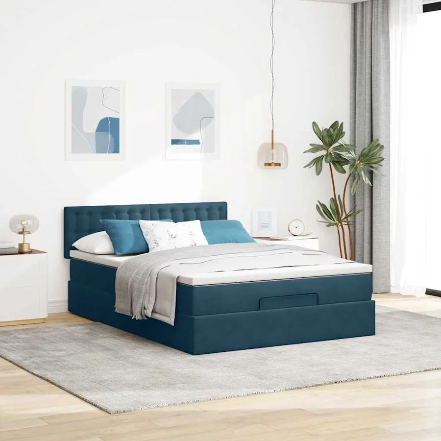 Cadre de lit ottoman avec matelas bleu foncé 140x190 cm velours - 3