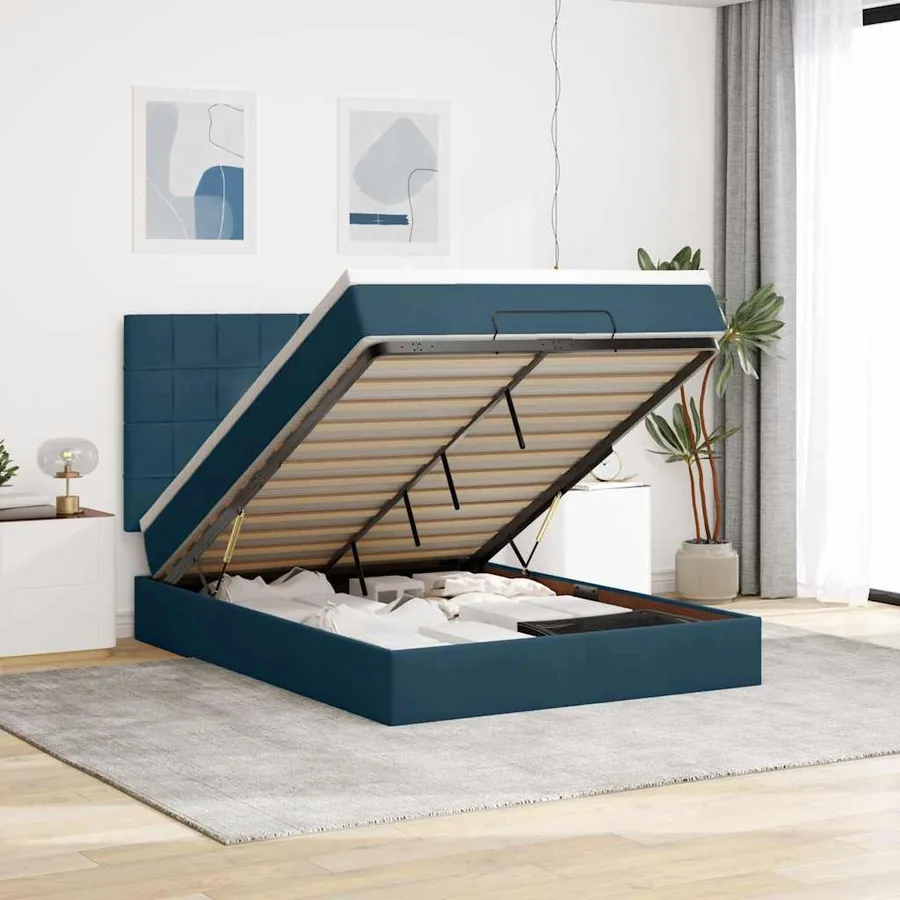 Cadre de lit ottoman avec matelas bleu foncé 140x190 cm velours