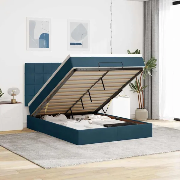 Cadre de lit ottoman avec matelas bleu foncé 140x190 cm velours