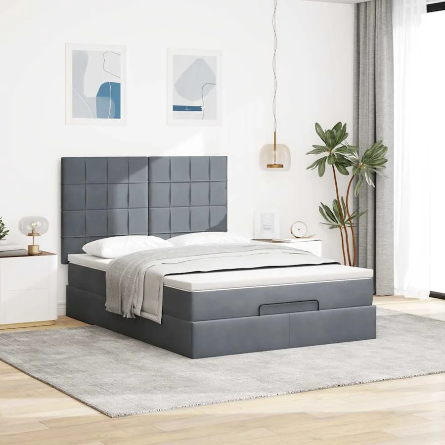 Cadre de lit ottoman avec matelas gris foncé 140x190 cm velours - 4