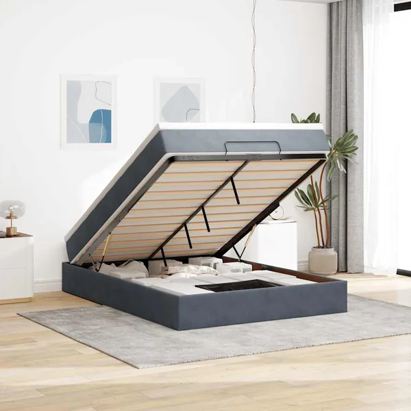 Cadre de lit ottoman avec matelas gris foncé 140x190 cm velours