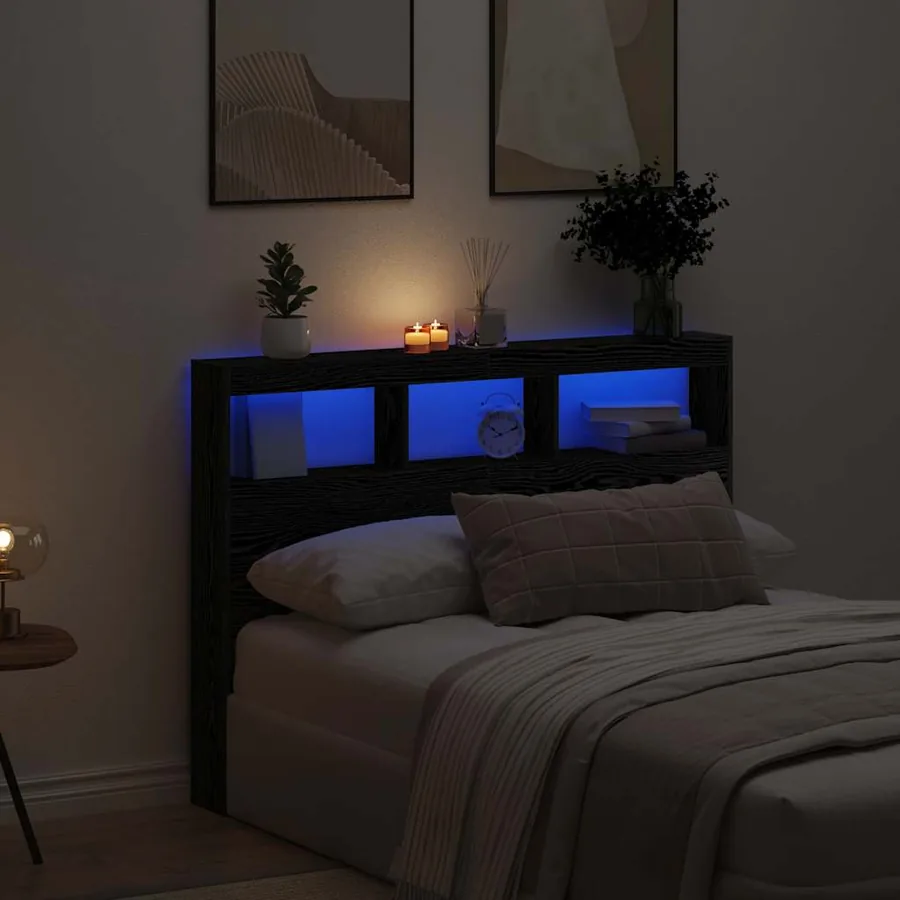 Armoire tête de lit avec LED chêne noir 140x17x102 cm