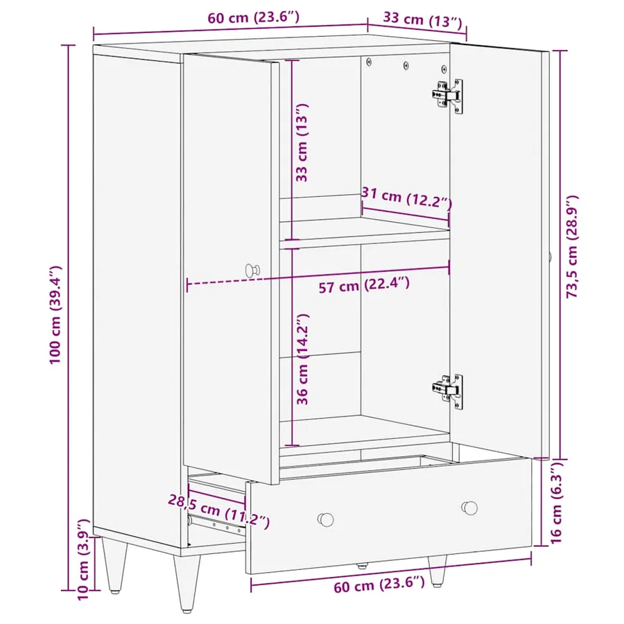 Buffet 60x33x100 cm bois de manguier massif - 12