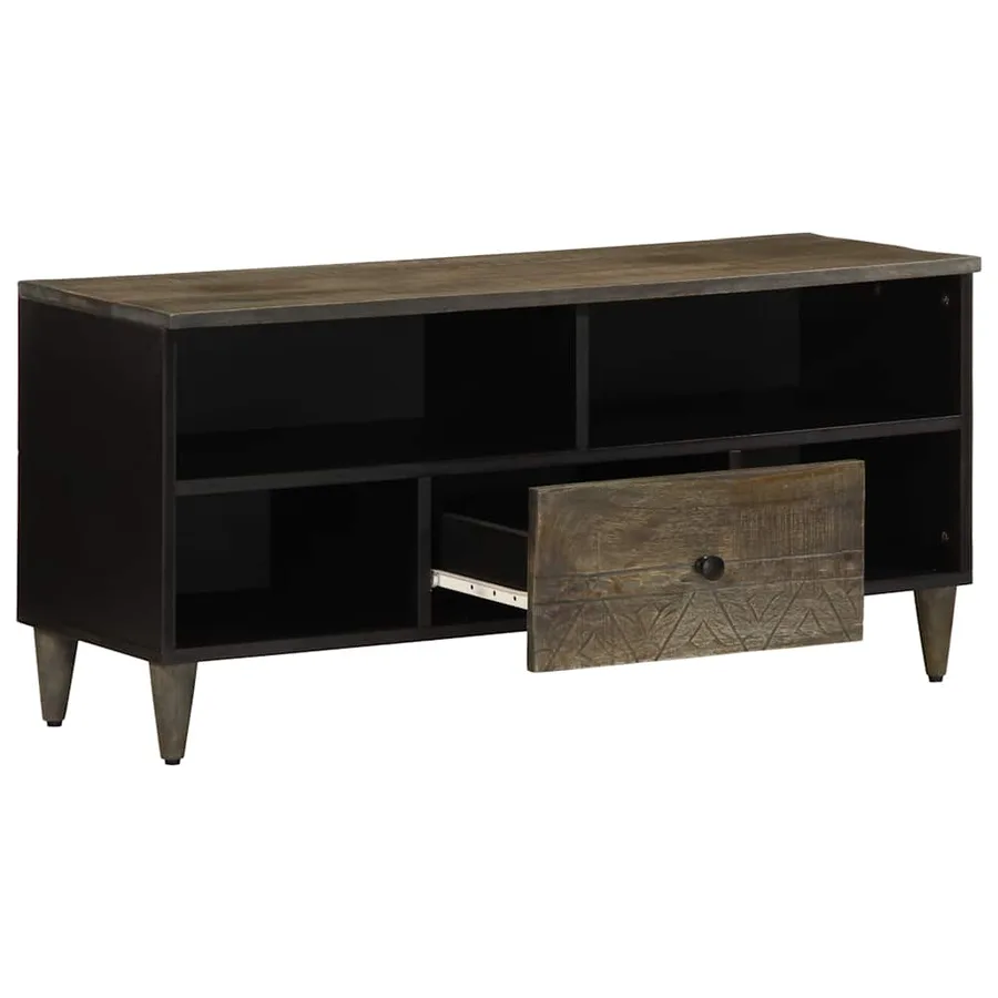 Meuble TV noir 100x33x46 cm bois massif de manguier - 2