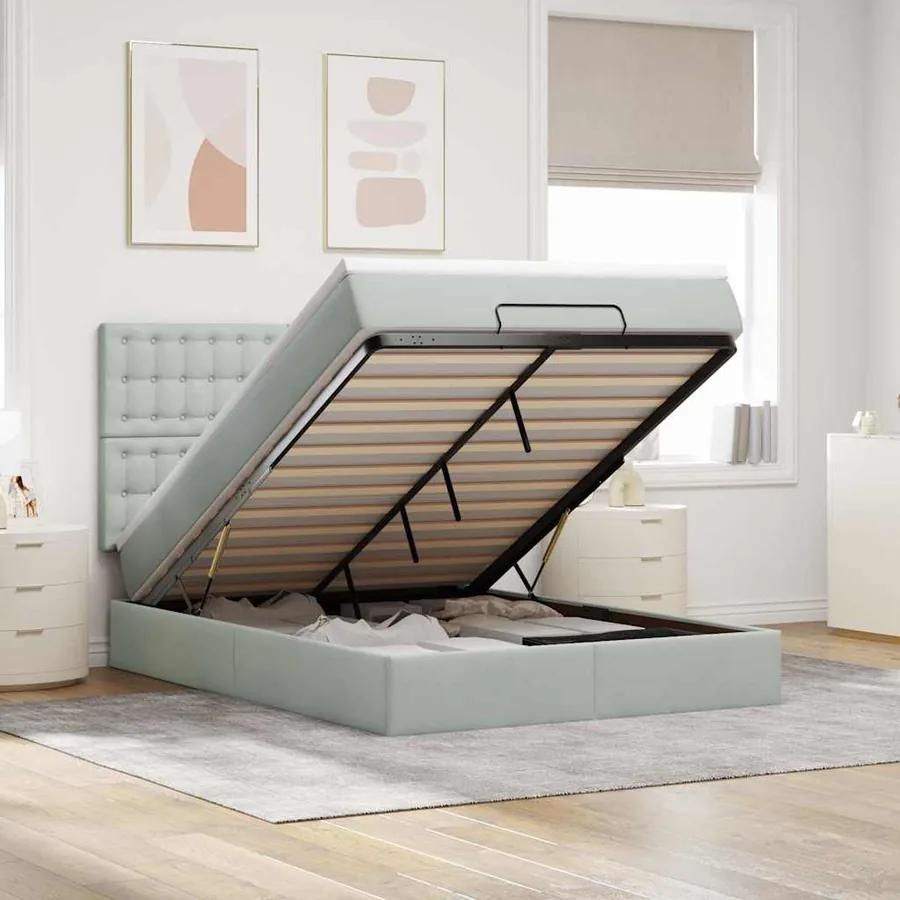 Cadre de lit ottoman avec matelas gris clair 140x200 cm velours