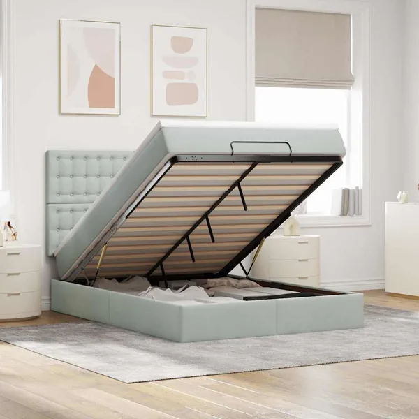 Cadre de lit ottoman avec matelas gris clair 140x200 cm velours