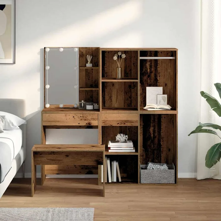 Ensemble de coiffeuse avec LED vieux bois bois d'ingénierie - 3