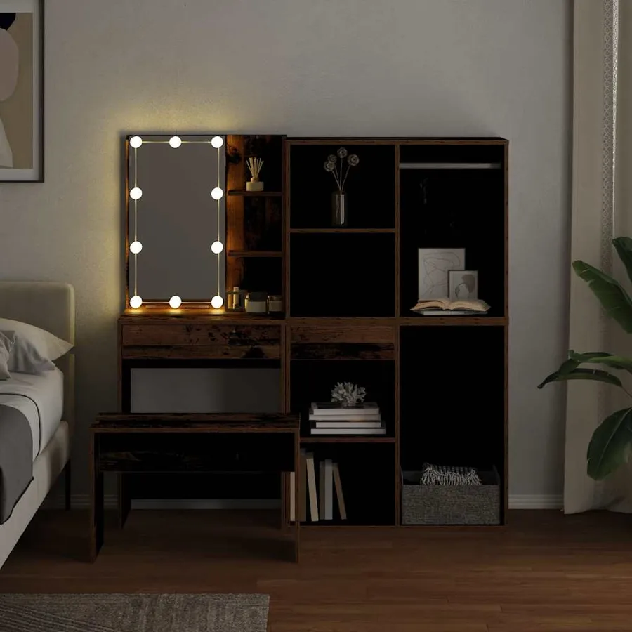 Ensemble de coiffeuse avec LED vieux bois bois d'ingénierie - 4