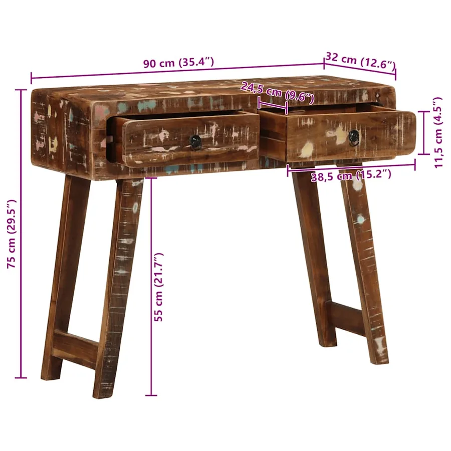 Table console 90x32x75 cm bois massif de récupération - 11
