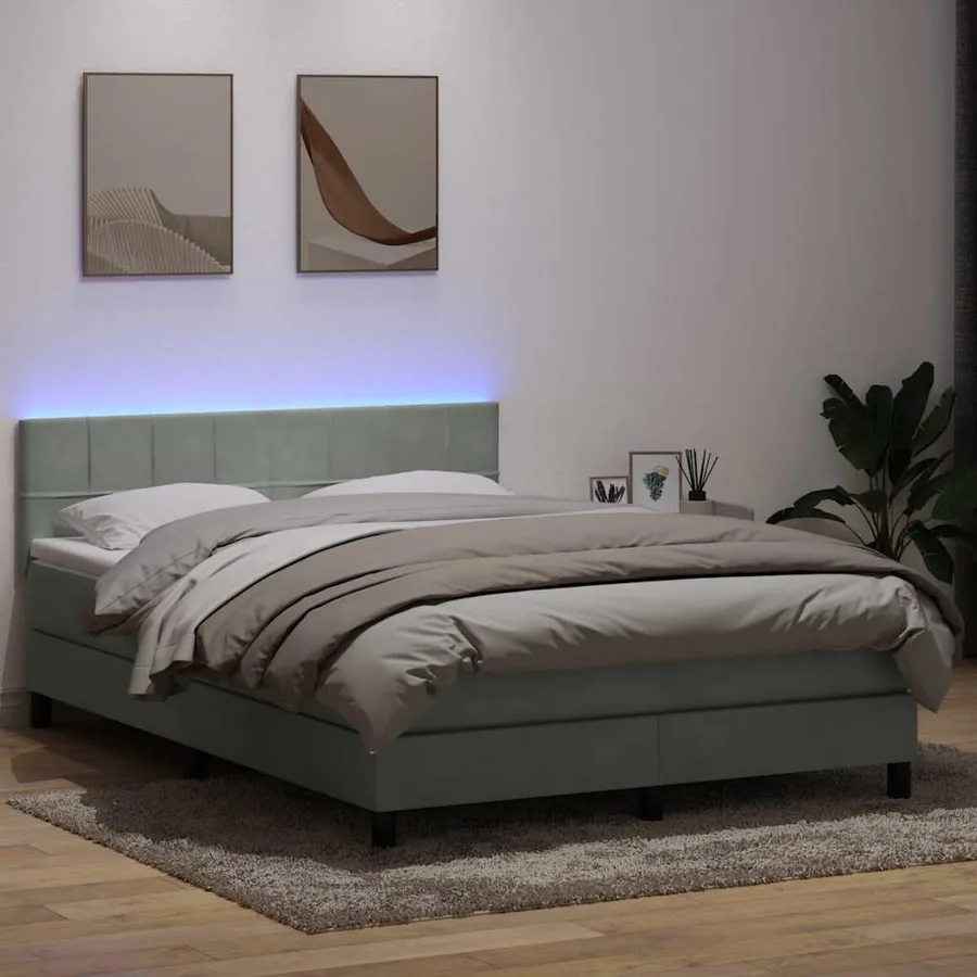 Sommier à lattes de lit et matelas et LED gris clair 160x220cm velours