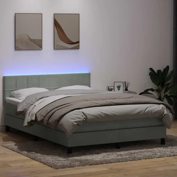 Sommier à lattes de lit et matelas et LED gris clair 160x220cm velours