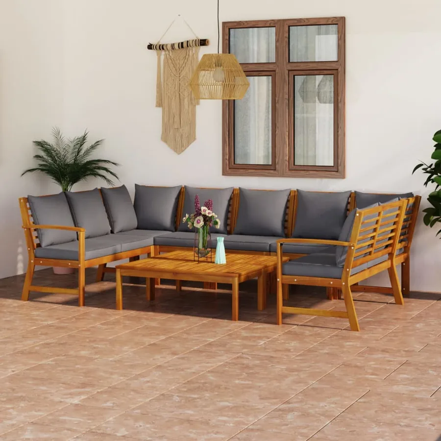 Salon de jardin 9 pcs avec coussin Bois d'acacia solide