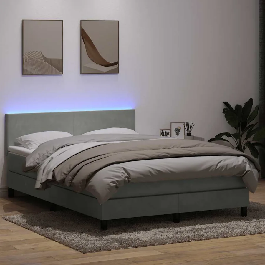 Sommier à lattes de lit et matelas et LED gris clair 160x220cm velours - 4