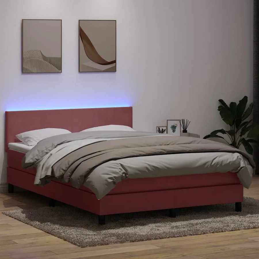 Sommier à lattes de lit avec matelas et LED rose 160x220 cm velours - 4