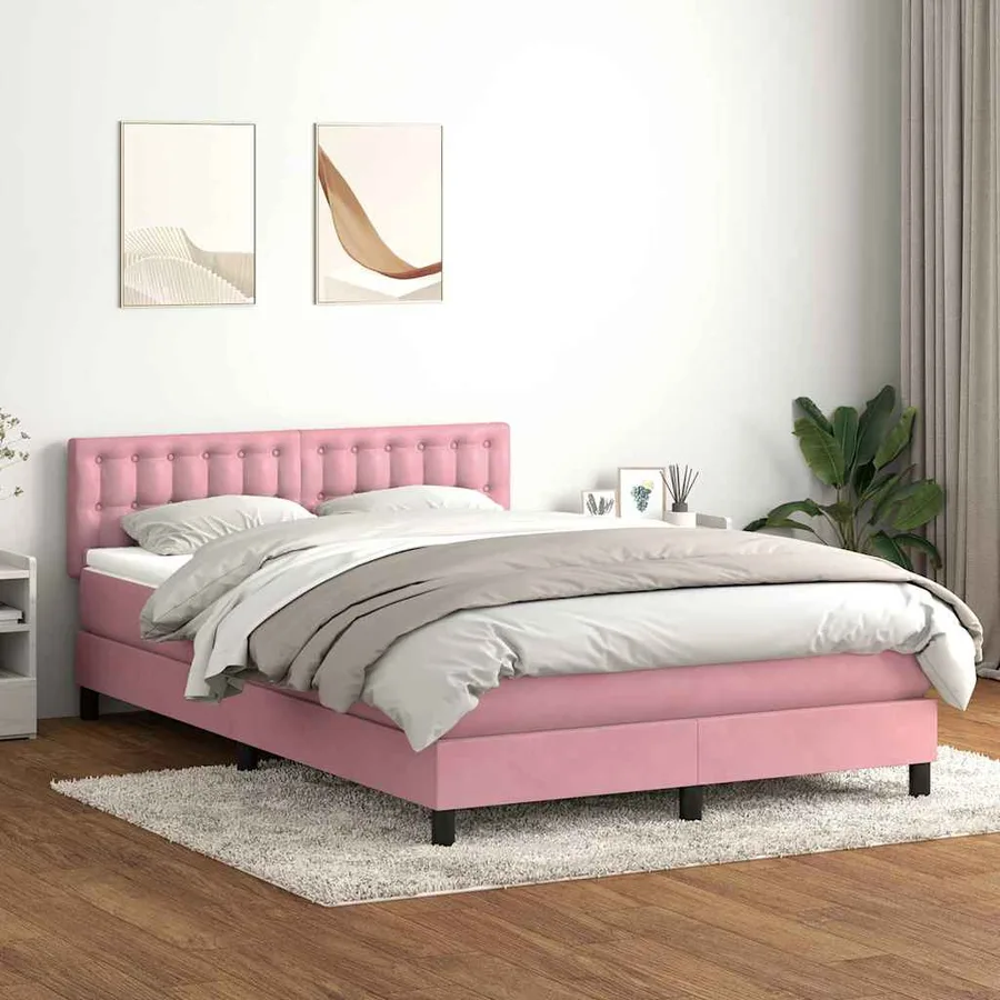 Sommier à lattes de lit avec matelas et LED rose 140x220 cm velours - 4
