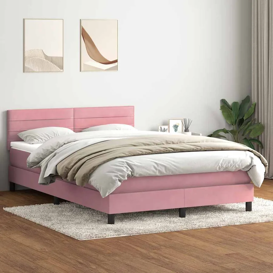 Sommier à lattes de lit avec matelas et LED rose 160x220 cm velours - 4