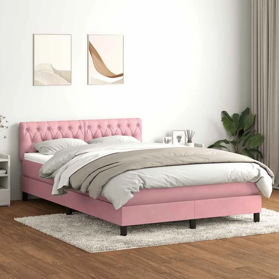 Sommier à lattes de lit avec matelas et LED rose 160x220 cm velours