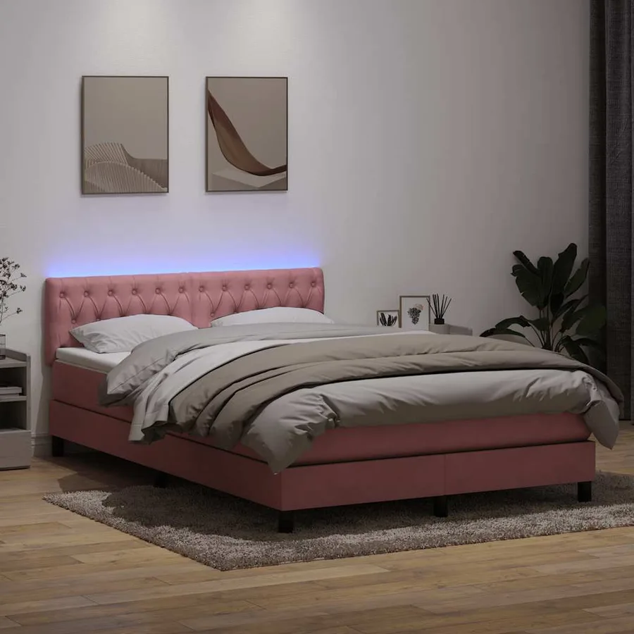 Sommier à lattes de lit avec matelas et LED rose 160x220 cm velours - 4