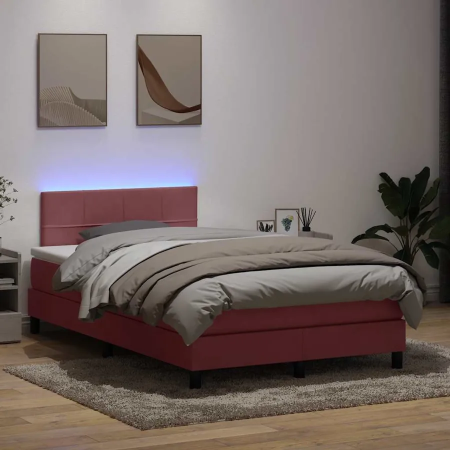 Sommier à lattes de lit avec matelas et LED rose 120x220 cm velours