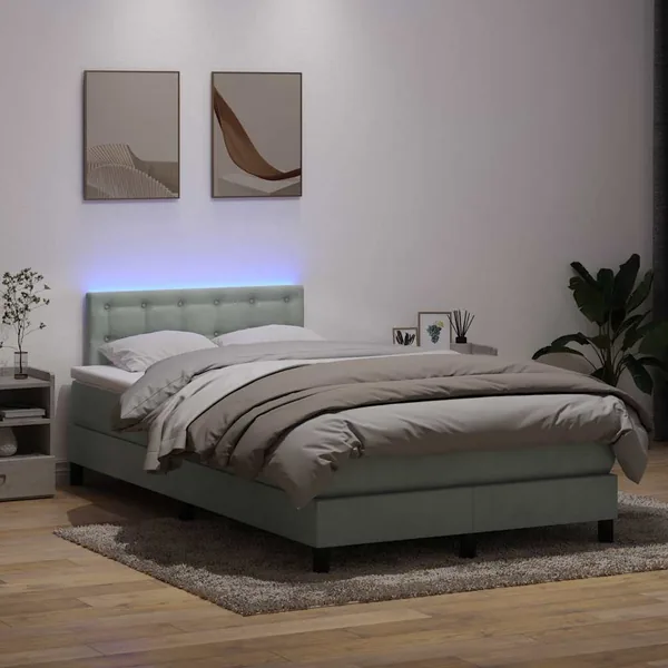 Sommier à lattes de lit et matelas et LED gris clair 120x220cm velours