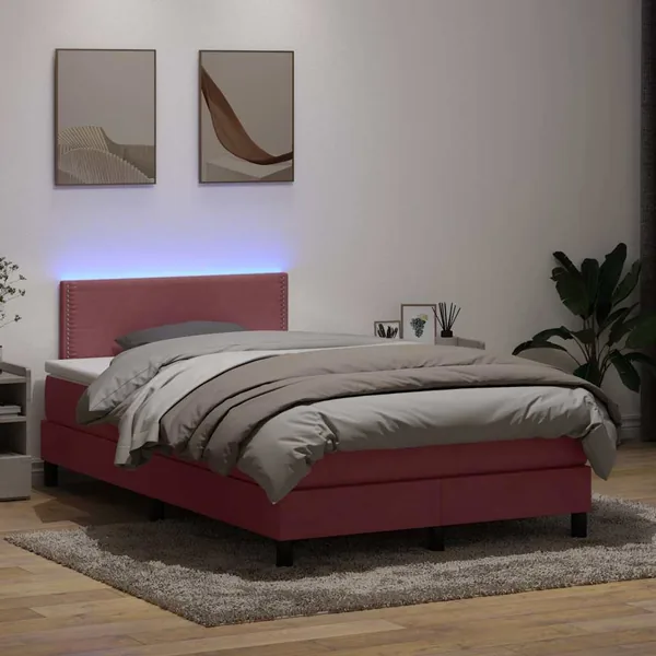 Sommier à lattes de lit avec matelas et LED rose 120x220 cm velours