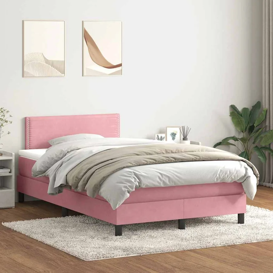 Sommier à lattes de lit avec matelas et LED rose 120x220 cm velours - 4
