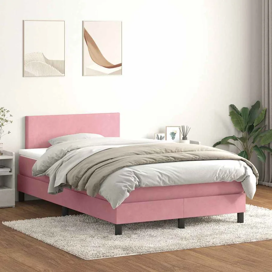 Sommier à lattes de lit avec matelas et LED rose 120x220 cm velours