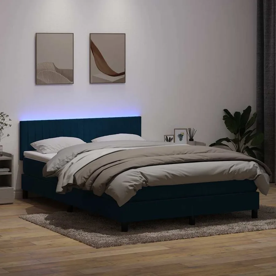 Sommier à lattes de lit et matelas et LED bleu foncé 140x220cm velours - 4
