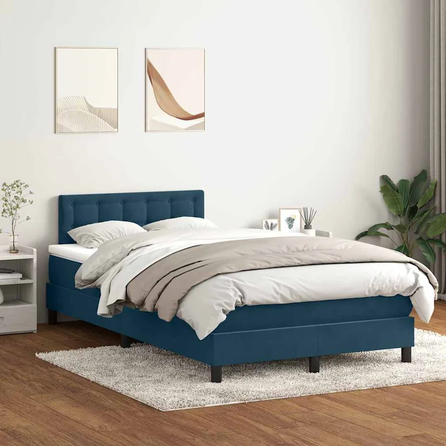 Sommier à lattes de lit et matelas bleu foncé 100x220cm velours