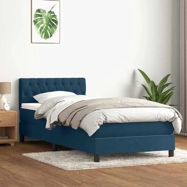 Sommier à lattes de lit et matelas bleu foncé 100x220cm velours