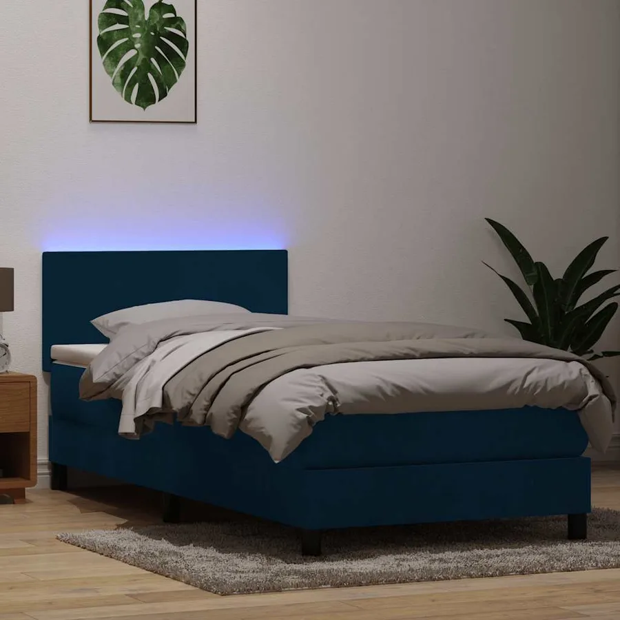 Sommier à lattes de lit et matelas et LED bleu foncé 100x220cm velours - 4