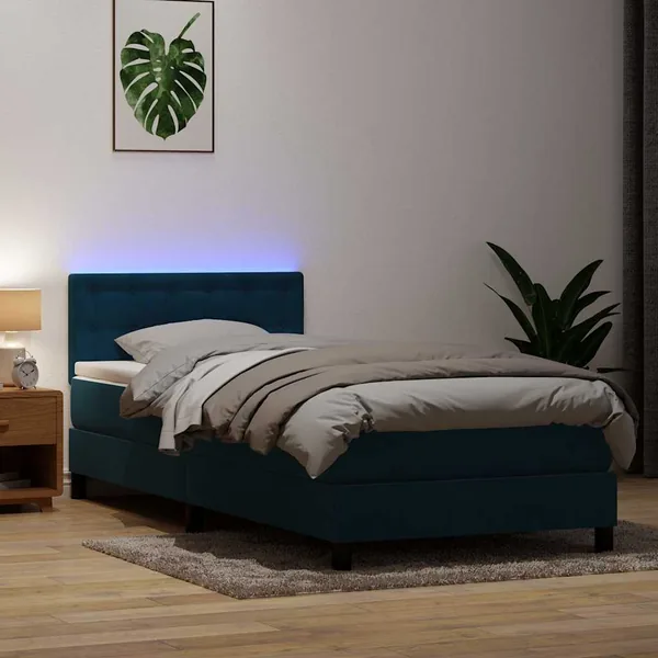 Sommier à lattes de lit et matelas et LED bleu foncé 100x220cm velours