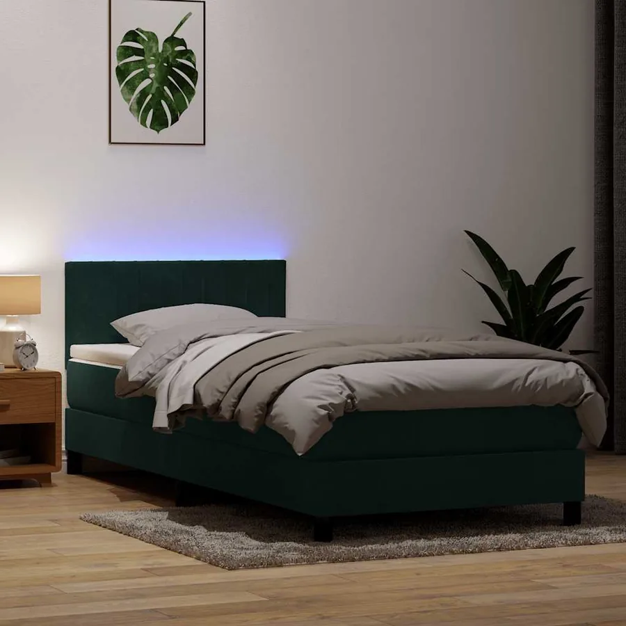 Sommier à lattes de lit et matelas et LED vert foncé 100x220cm velours