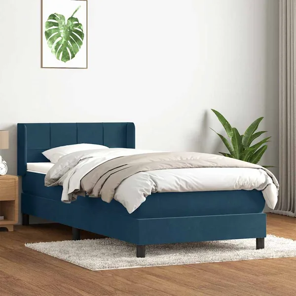 Sommier à lattes de lit et matelas bleu foncé 100x220cm velours