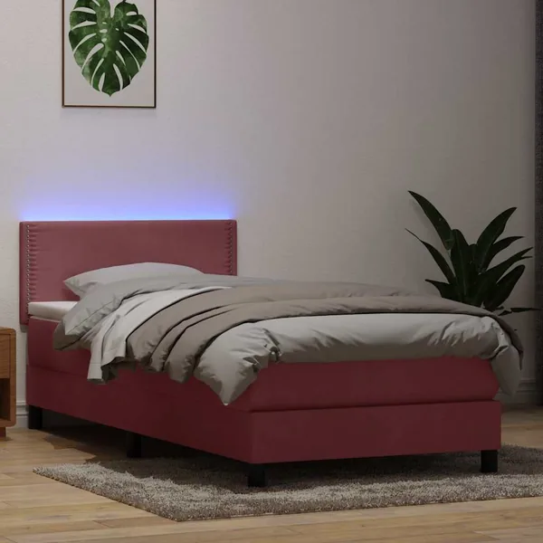 Sommier à lattes de lit avec matelas et LED rose 100x220 cm velours
