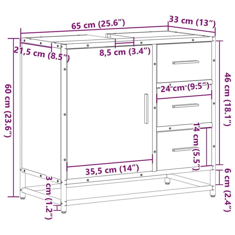Armoire de lavabo de salle de bain chêne fumé 65x33x60 cm - 12