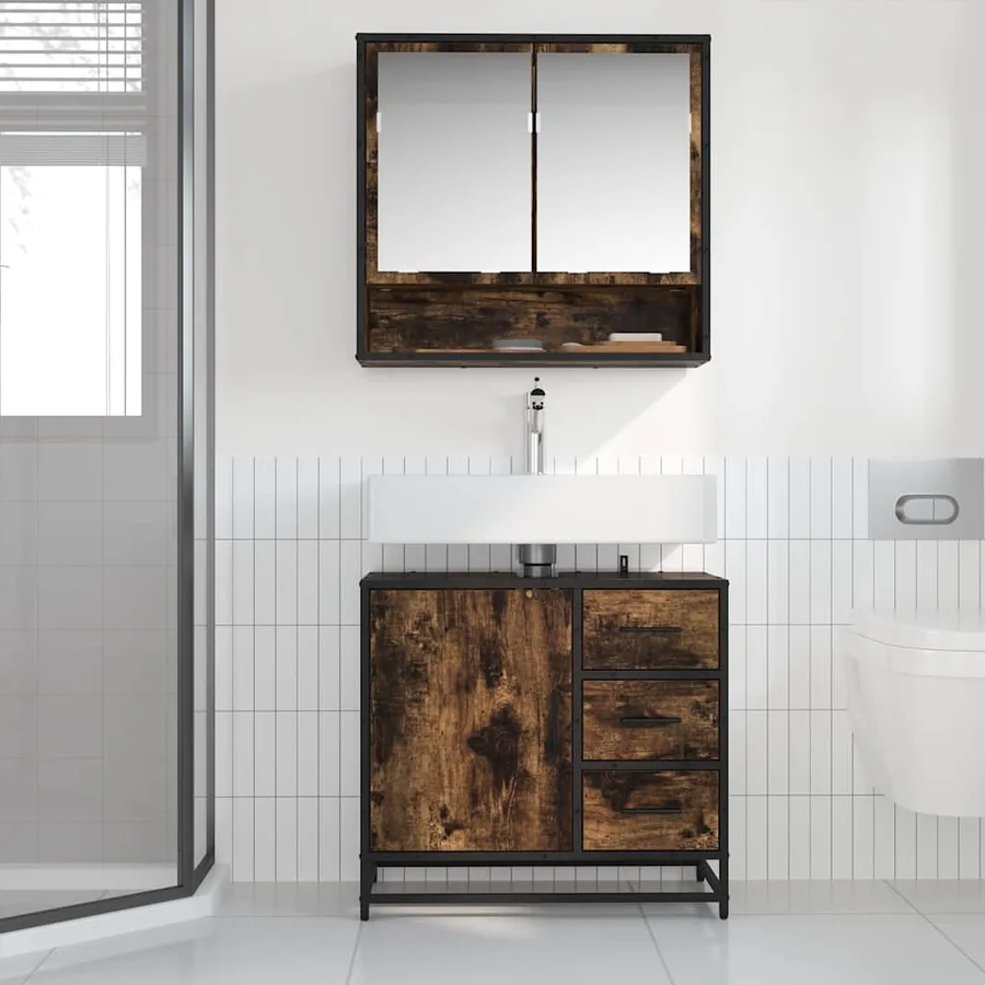 Armoire de lavabo de salle de bain chêne fumé 65x33x60 cm - 3