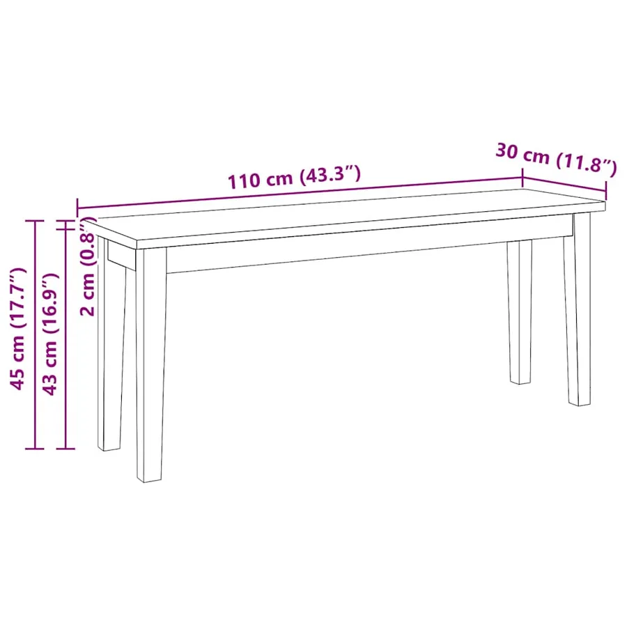 Banc 110 cm bois massif caoutchouc - 10