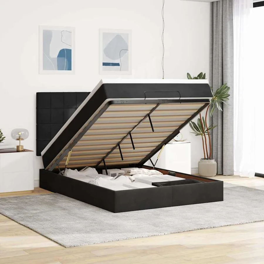 Cadre de lit ottoman avec matelas noir 140x190 cm velours