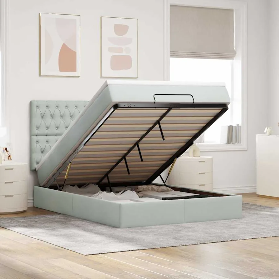 Cadre de lit ottoman et matelas gris clair 140x190 velours