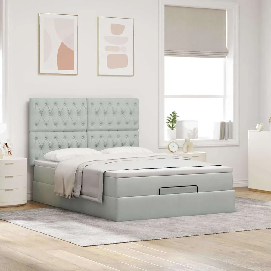 Cadre de lit ottoman et matelas gris clair 140x190 velours - 3