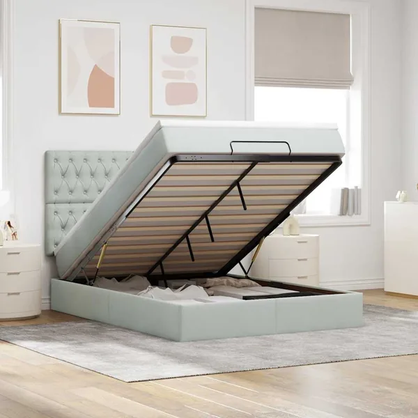 Cadre de lit ottoman et matelas gris clair 140x190 velours
