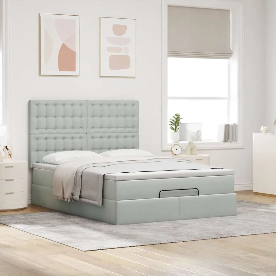 Cadre de lit ottoman et matelas gris clair 140x190 velours - 3