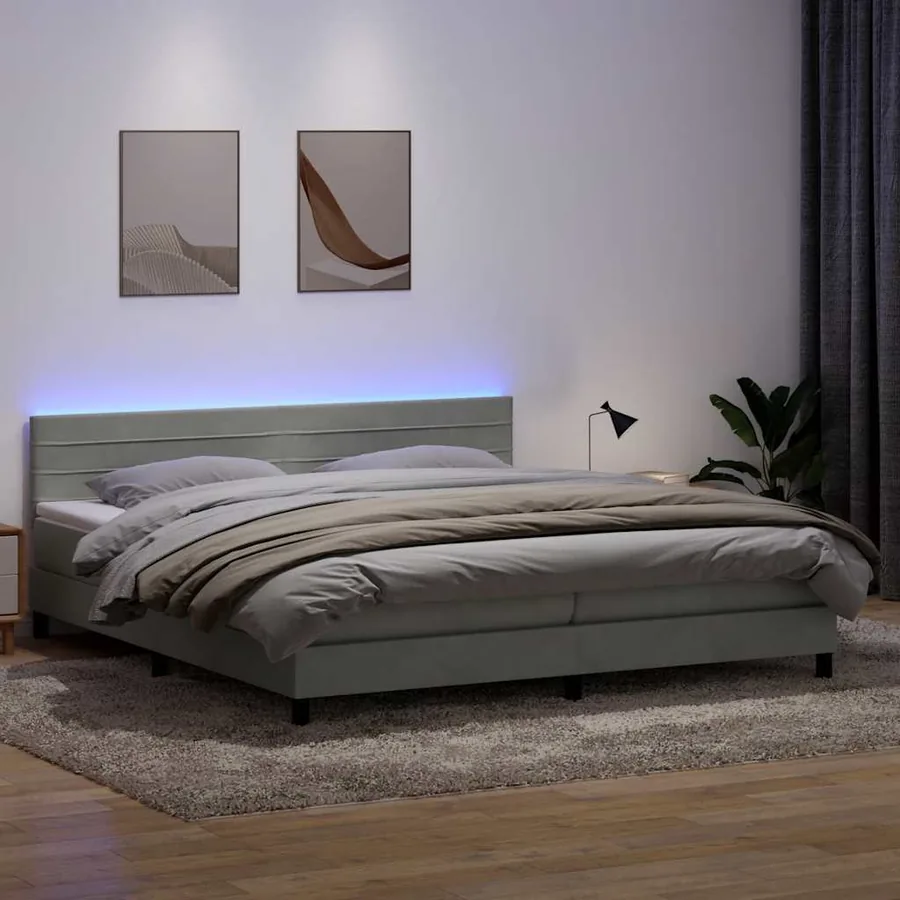 Sommier à lattes de lit et matelas et LED gris clair 180x210cm velours