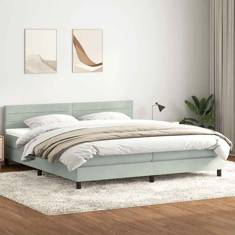 Sommier à lattes de lit et matelas et LED gris clair 180x210cm velours - 4