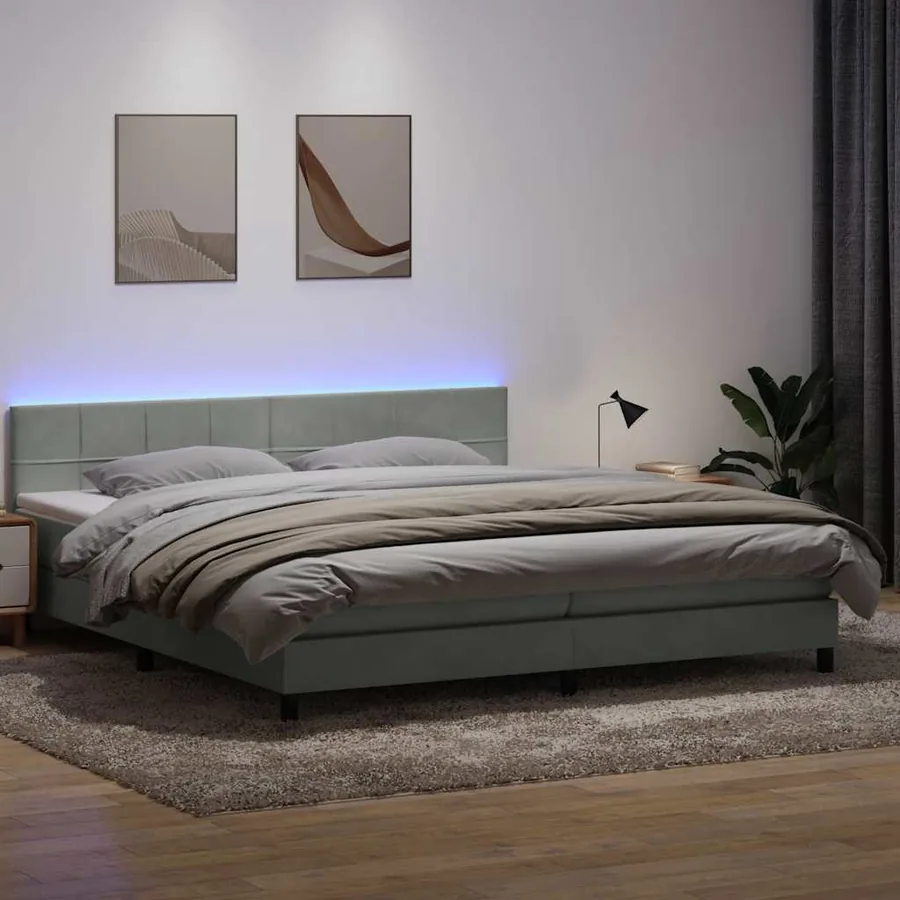 Sommier à lattes de lit et matelas et LED gris clair 180x210cm velours