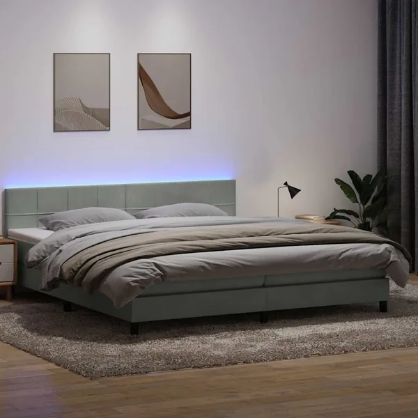Sommier à lattes de lit et matelas et LED gris clair 180x210cm velours