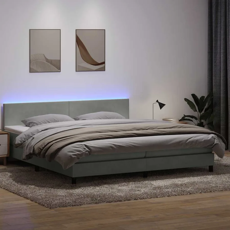 Sommier à lattes de lit et matelas et LED gris clair 180x210cm velours