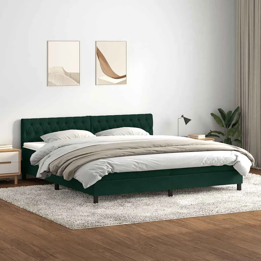 Sommier à lattes de lit et matelas et LED vert foncé 180x210cm velours - 4